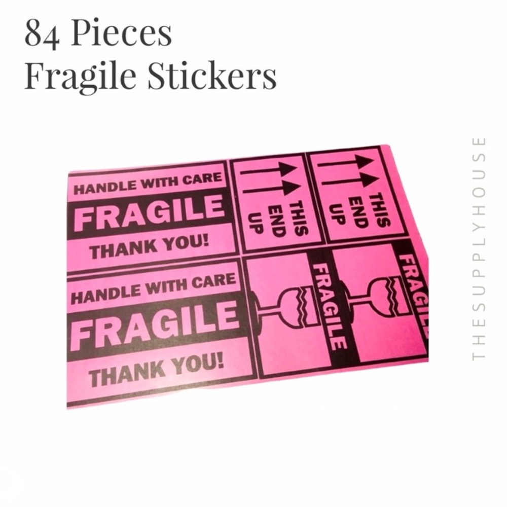 Fragile Stickers Hot Pink Black. Fragile, This End Up.